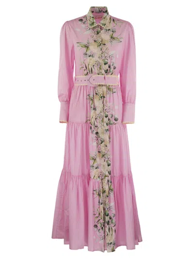 Mc2 Saint Barth Long Cotton Dress With Floral Pattern In Pink