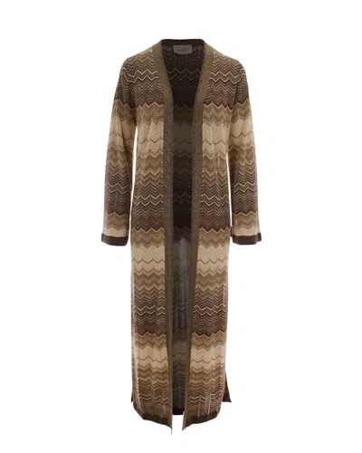 Mc2 Saint Barth Long Geometric Knit Cardigan With Open Front And Side Slits In Gold