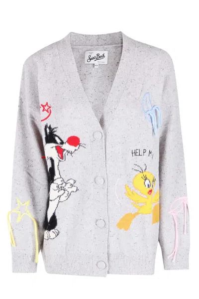 Mc2 Saint Barth Long Jacquard Donegal Cardigan In Gray