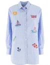 Mc2 Saint Barth Long-length Oversized Gingham Shirt With Embroidered Motifs In Blue