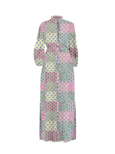 Mc2 Saint Barth Long Multicolored Long-sleeved Dress In Pink