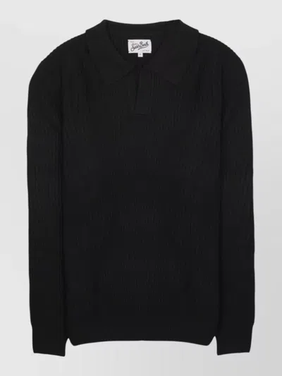Mc2 Saint Barth Long Sleeve Ribbed Texture Polo Shirt In Black