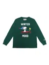 Mc2 Saint Barth Luton Green Long-sleeve T-shirt With Snoopy Winter Mood Print In Wool Blend Boy In Multi