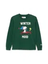Mc2 Saint Barth Luton Green Long-sleeve T-shirt With Snoopy Winter Mood Print In Wool Blend Boy In Multicolour