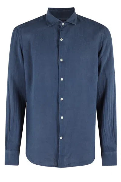 Mc2 Saint Barth Man Blue Navy Linen Pamplona Shirt