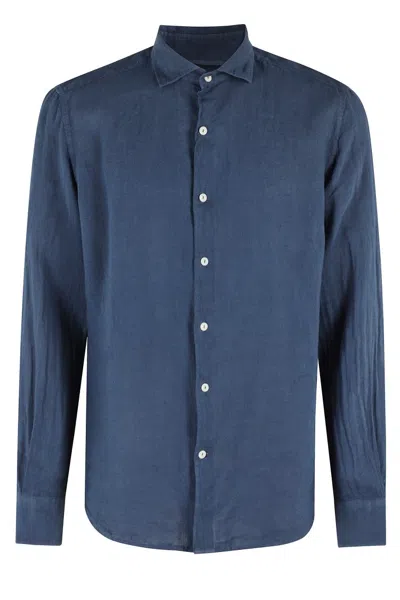 Mc2 Saint Barth Long-sleeved Linen Shirt With Classic Collar In Blue