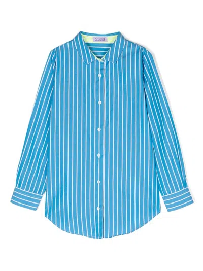 Mc2 Saint Barth Kids' Long-sleeved Striped Cotton Shirt In Blau