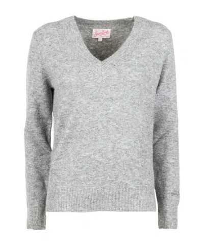Mc2 Saint Barth Long-sleeved V-neck Sweater In Gray