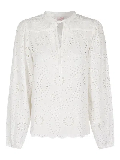 Mc2 Saint Barth Long-sleeved White Shirt With Eyelet Floral Design In Gray