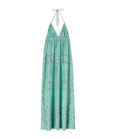 Mc2 Saint Barth Long Zucky Dress In Silk With Aqua Green Bandana Print