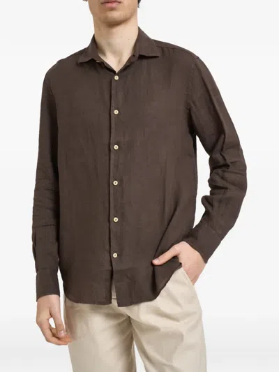 Mc2 Saint Barth Long-sleeve Button-down Linen Shirt In Brown