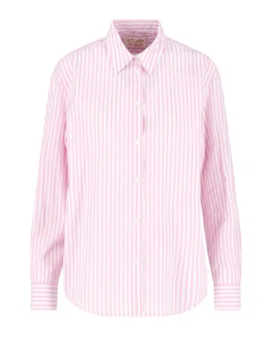 Mc2 Saint Barth Long-sleeved Cotton Shirt With Vertical Pink Stripes And Logo Embroidery