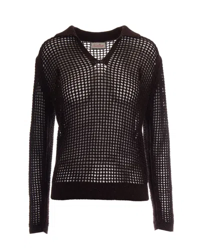 Mc2 Saint Barth Loosely Knit Mesh Sweater With Open Collar And Lurex Detail In Black