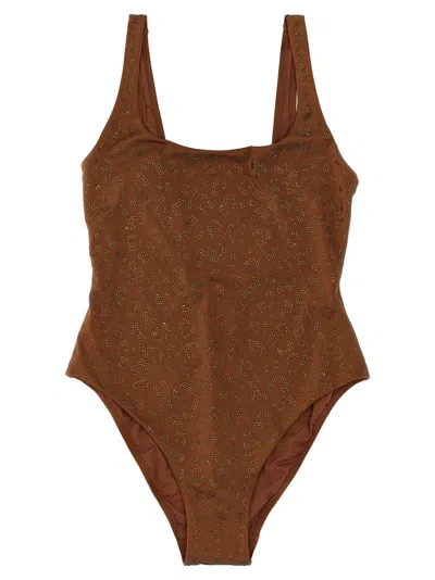 Mc2 Saint Barth Lora One Piece Leopard With Rhinestones In Brown