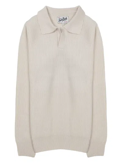 Mc2 Saint Barth Ribbed-knit Polo-collar Sweatshirt In Neutral