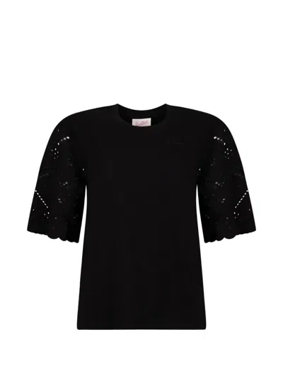 Mc2 Saint Barth Maisa Broderie-anglaise-sleeve T-shirt In Black