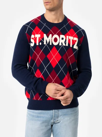 Mc2 Saint Barth Man Argyle Sweater Heron With St. Moritz Jacquard In Blue
