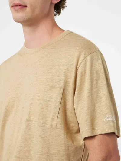 Mc2 Saint Barth Man Beige Linen Jersey T-shirt Ecstasea With Pocket In White