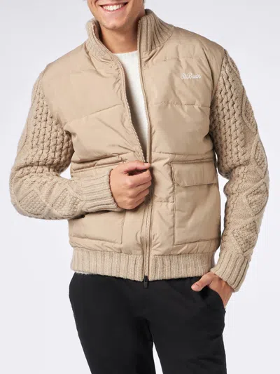 Mc2 Saint Barth Man Beige Padded Jacket With Knitted Braided Sleeves In White
