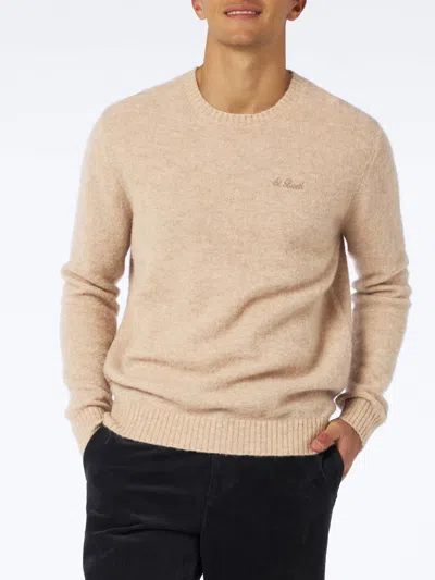 Mc2 Saint Barth Man Beige Stretch Wool Sweater With St. Barth Embroidery