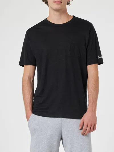 MC2 SAINT BARTH MAN BLACK LINEN JERSEY T-SHIRT ECSTASEA WITH POCKET