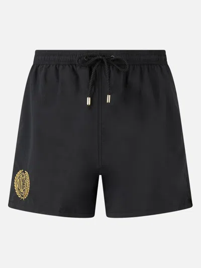 Mc2 Saint Barth Man Black Mid-length Swim Shorts Patmos With Milan 125 Embroidery Ac Milan 125 Special Edition