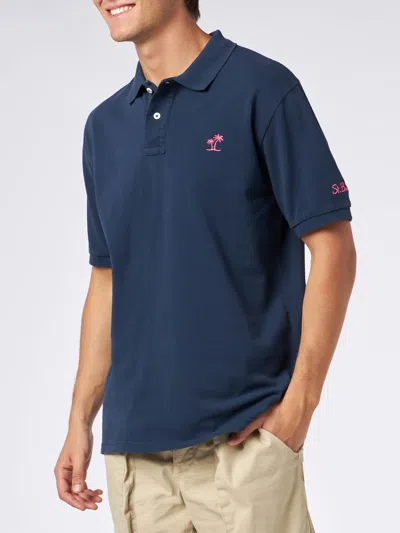 Mc2 Saint Barth Man Blue Piquet Polo With St. Barth Logo And Vintage Effect