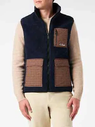 Pre-owned Mc2 Saint Barth Man Blue Sherpa Vest Jacket With Check Patch Pockets