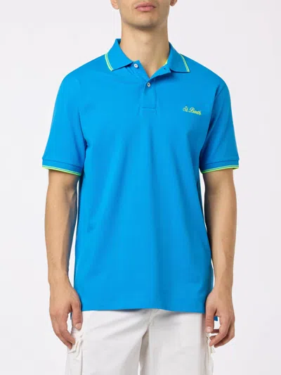 Mc2 Saint Barth Man Bluette Cotton Piquet Polo Shirt Beverly Hills With Palm Embroidery