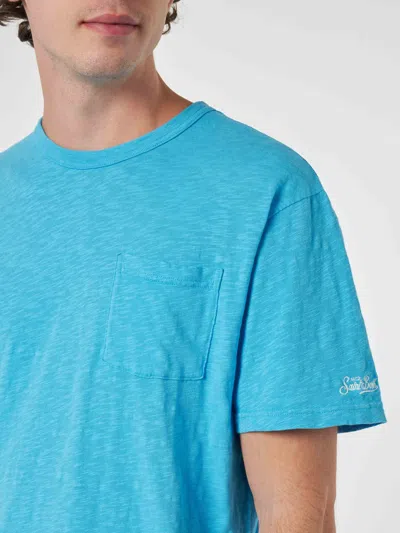 Mc2 Saint Barth Man Bluette Flamed Cotton T-shirt President With Embroidery In Sky