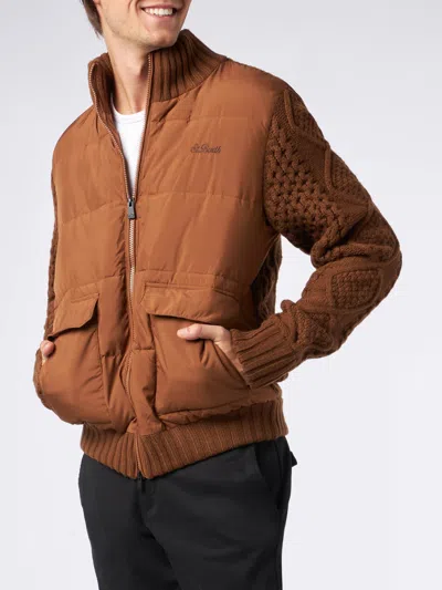 Mc2 Saint Barth Man Brown Padded Jacket With Knitted Sleeves
