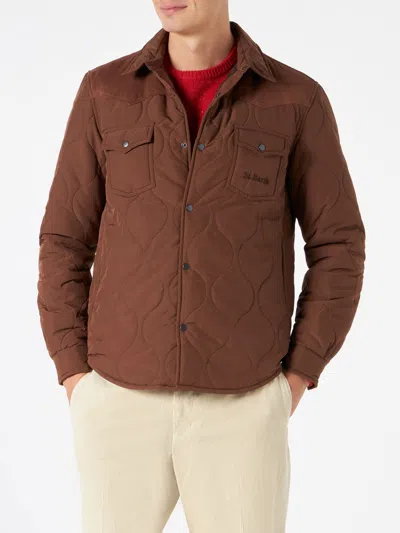 Mc2 Saint Barth Man Brown Padded Overshirt With Patch Pockets