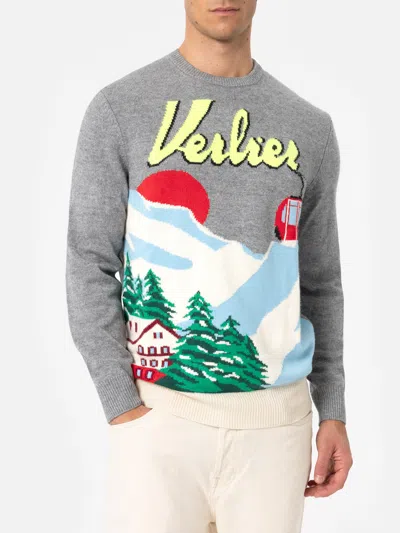 Mc2 Saint Barth Man Cashmere Blend Sweater Heron With Verbier Jacquard In Grey