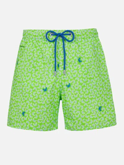 Mc2 Saint Barth Man Comfort Light Swim Shorts With Crabs Print In Verde Fluo