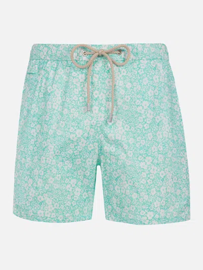 Mc2 Saint Barth Man Comfort Light Swim Shorts With Flower Print In Green