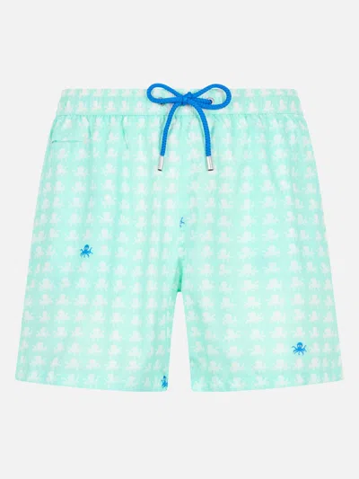 Mc2 Saint Barth Man Comfort Light Swim Shorts With Octopus Print In Green
