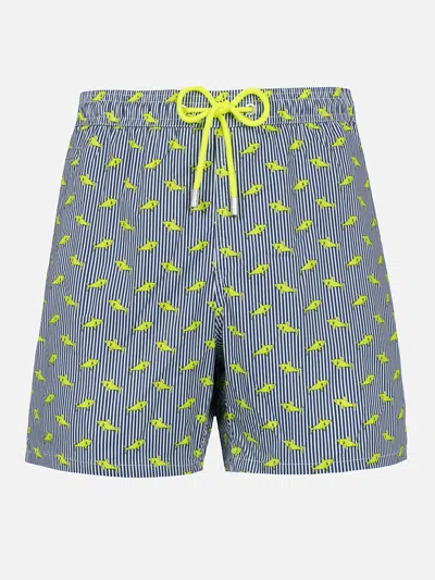 Mc2 Saint Barth Man Comfort Light Swim Shorts With Sharks Print In Blue Navy