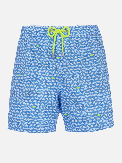 Mc2 Saint Barth Man Comfort Light Swim Shorts With Sharks Print In Bluette