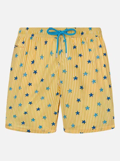 Mc2 Saint Barth Man Comfort Light Swim Shorts With Starfishes Print In Yellow