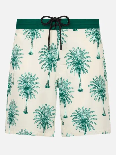 Mc2 Saint Barth Man Comfort Surf Swim Shorts With Palm Print In White