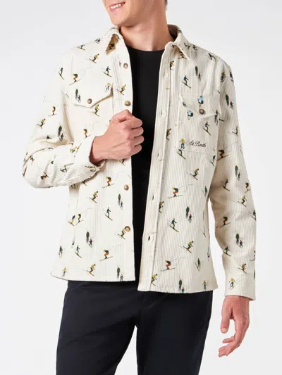 Mc2 Saint Barth Man Corduroy Overshirt With Ski Print In White