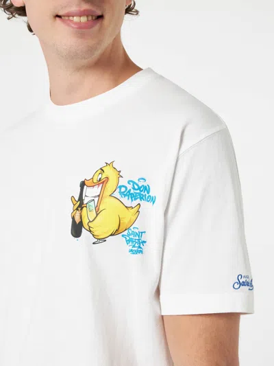 Mc2 Saint Barth Man Cotton T-shirt With Cryptopuppets Ducky Bollicine Front And Back Placed Print Cryptopuppets Spec In White