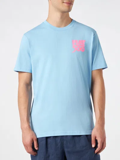Mc2 Saint Barth Man Cotton T-shirt With Fiat 500 Print Fiat 500© Special Edition In Sky