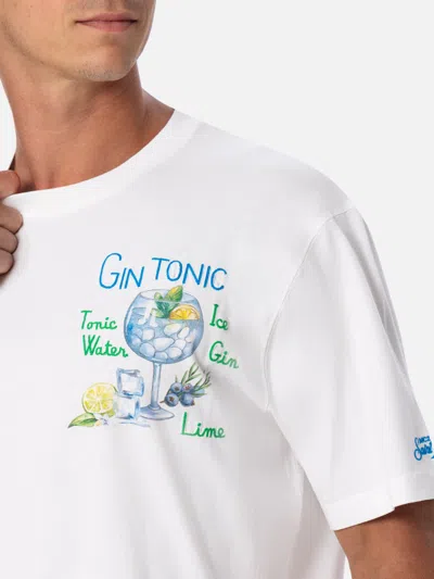 Mc2 Saint Barth Man Cotton T-shirt With Gin Tonic Print And Embroidery In White