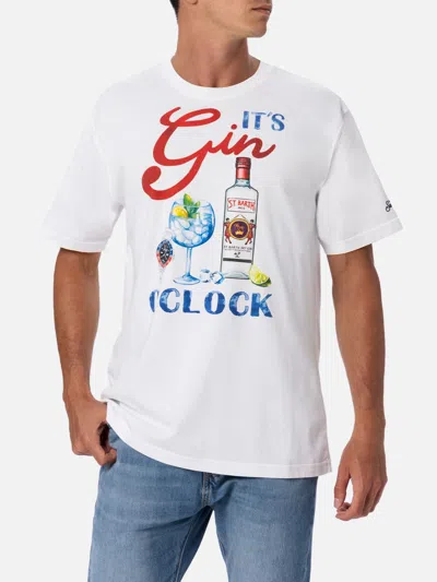 Mc2 Saint Barth Man Cotton T-shirt With Its Gin Oclock Placed Print In White