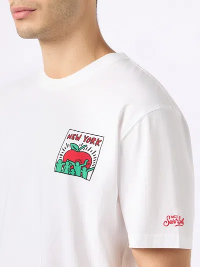 Mc2 Saint Barth Man Cotton T-shirt With Keith Haring Design Front And Back Print Keith Haring Special Edition In White