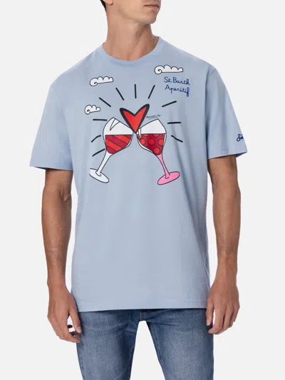 Mc2 Saint Barth Man Cotton T-shirt With Britto Glasses Print And Embroidery ©britto Special Edition In Sky