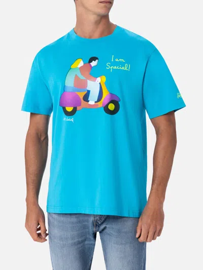 Mc2 Saint Barth Man Cotton T-shirt With Lodola Placed Print And Embroidery Marco Lodola Special Edition In Blue
