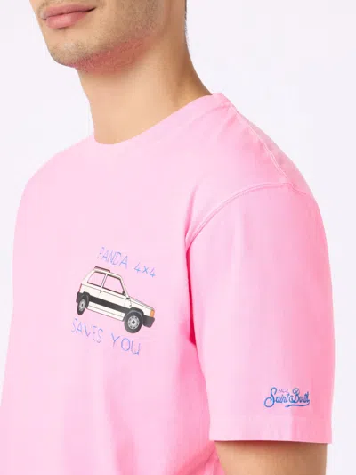 Mc2 Saint Barth Man Cotton T-shirt With Pand Print And Embroidery Fiat Panda Special Edition In Pink
