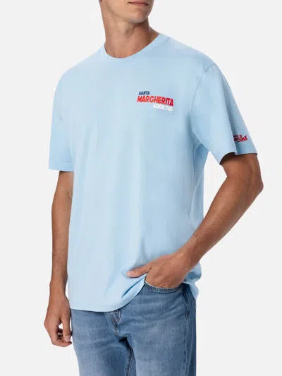 Mc2 Saint Barth Man Cotton T-shirt With Santa Margherita Addicted Postcard Placed Print In Sky